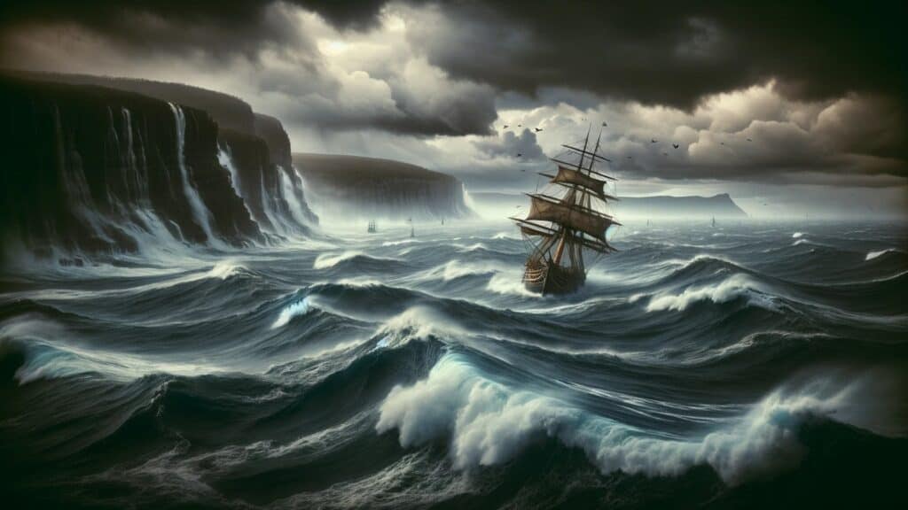 Ship braving stormy seas near cliffs.